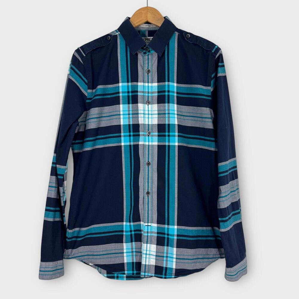 Express Men’s Size Medium 15-15.5 Blue Gray Plaid Button Up Casual Dress Shirt